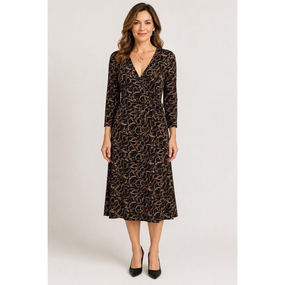 Chico’s Faux Wrap Midi Dress Size Large (2) Abstract Circle Print Stretch Knit